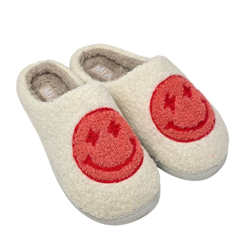 MIA‎ Cozi Slipper Women Cream Fuzzy Smiley Face Mule Shoes Size 9 NWD